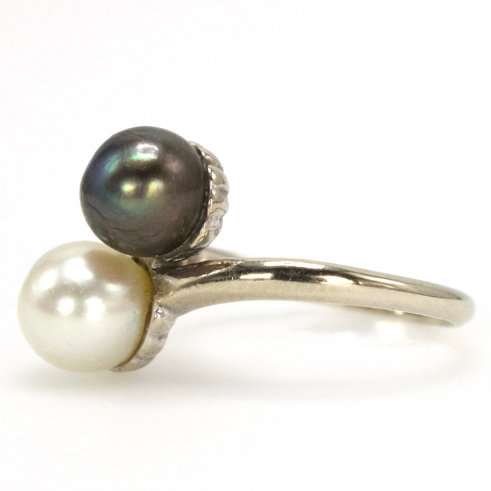 Vintage Black and White Akoya Pearl Bypass Ring in White Gold
