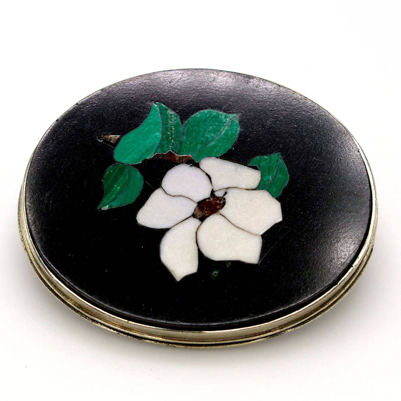 Antique Sterling Silver Pietra Dura Dogwood Flower Agate and Malachite Brooch