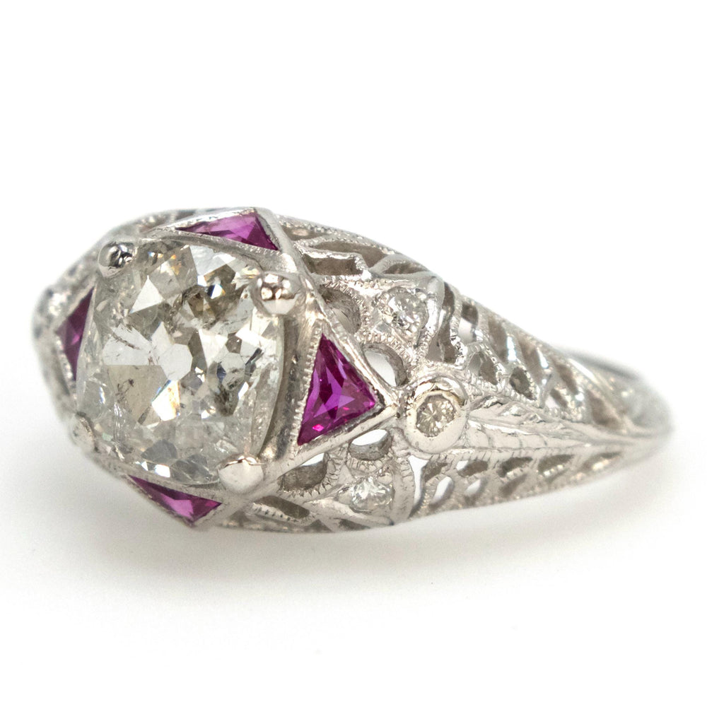 Platinum Art Deco Filigree Engagement Ring with 1.47 Carat Old Mine Cut Diamond and Accent Rubies