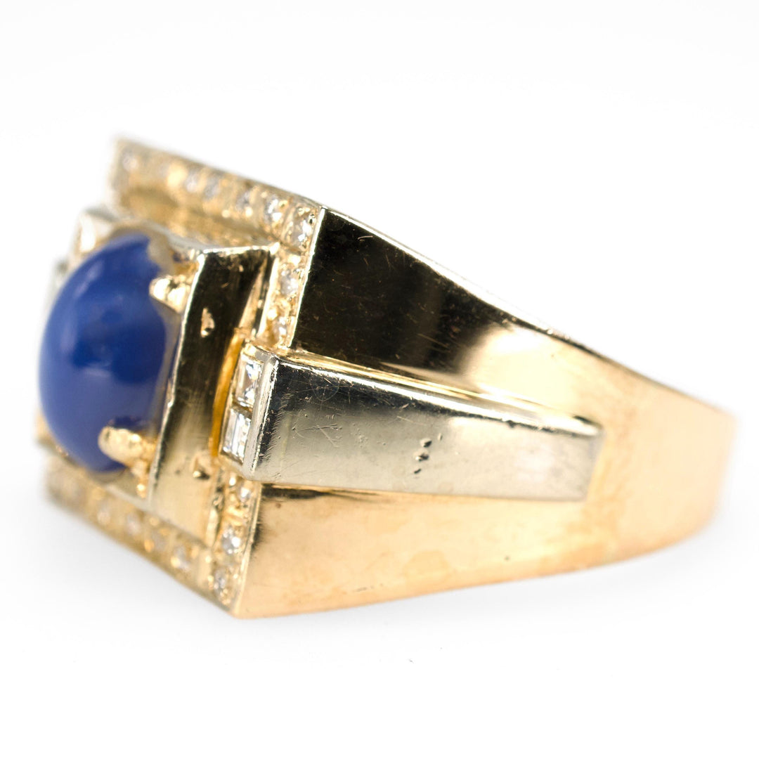 Midcentury Large Square 14K Gold Gents Ring with Oval Star Sapphire and Diamonds