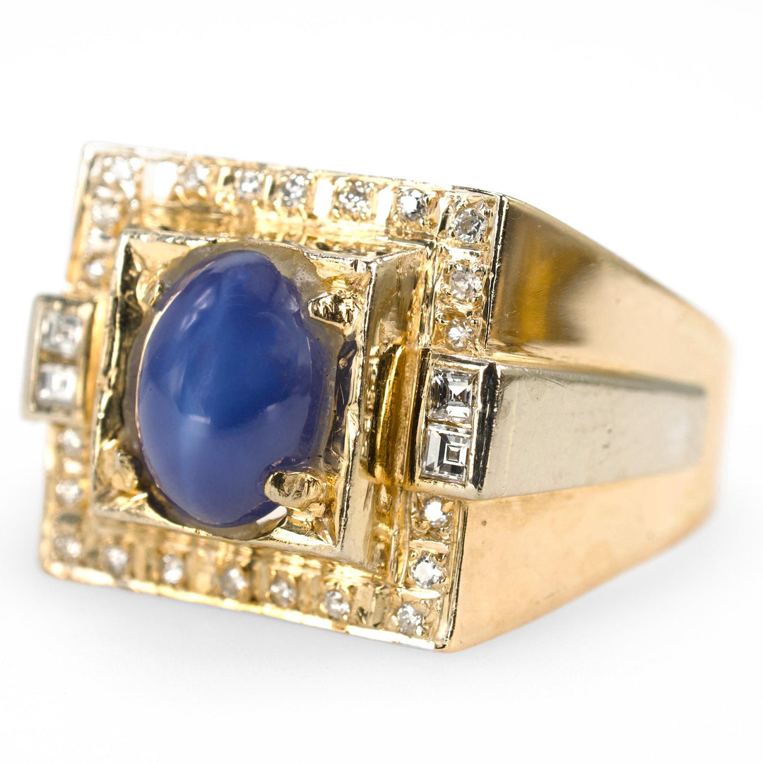 Midcentury Large Square 14K Gold Gents Ring with Oval Star Sapphire and Diamonds