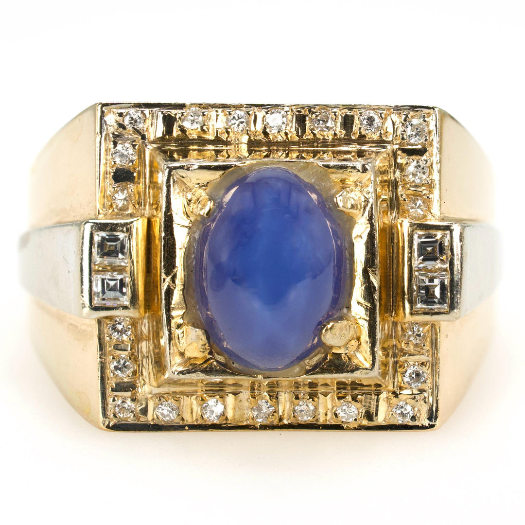 Midcentury Large Square 14K Gold Gents Ring with Oval Star Sapphire and Diamonds