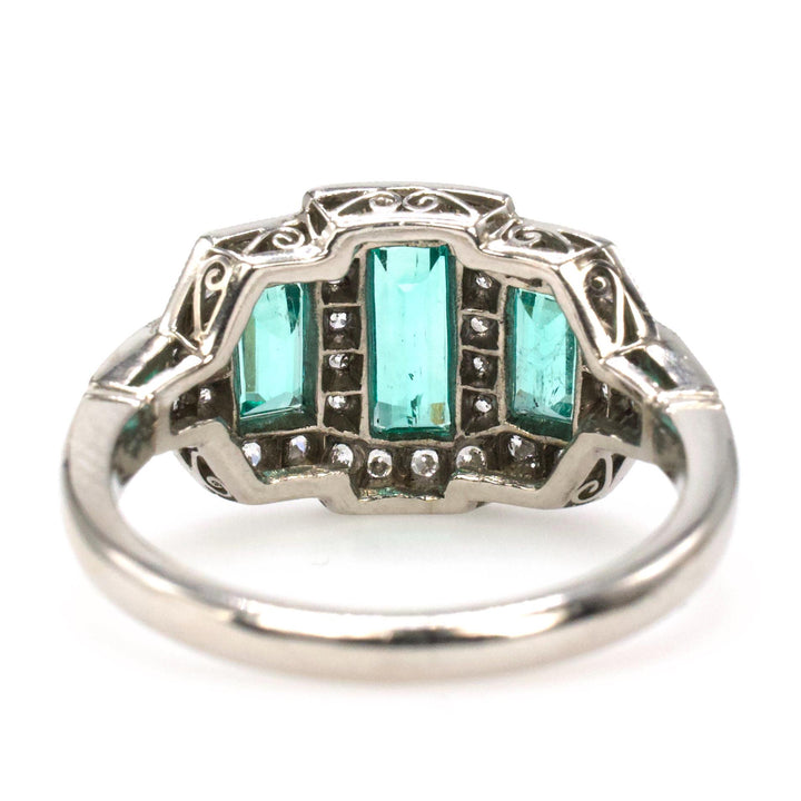 Art Deco Emerald Cut Emerald Ring with Old European Cut Accent Diamonds in Platinum