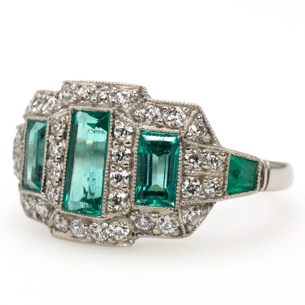 Art Deco Emerald Cut Emerald Ring with Old European Cut Accent Diamonds in Platinum