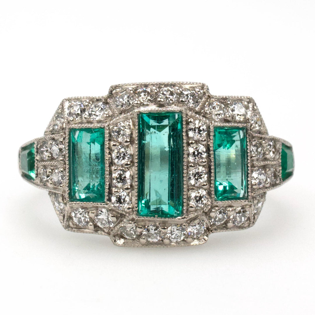 Art Deco Emerald Cut Emerald Ring with Old European Cut Accent Diamonds in Platinum