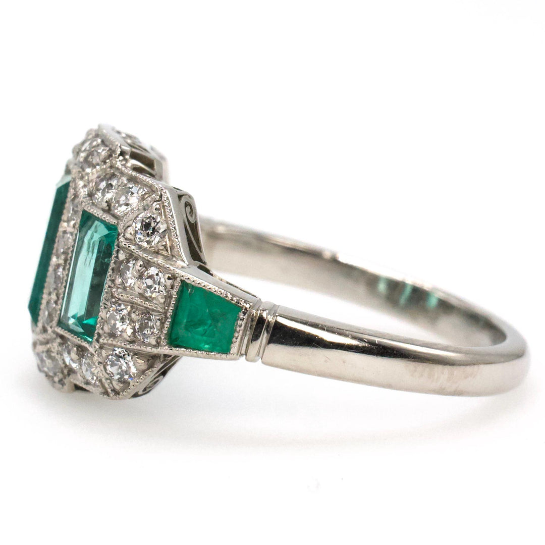 Art Deco Emerald Cut Emerald Ring with Old European Cut Accent Diamonds in Platinum