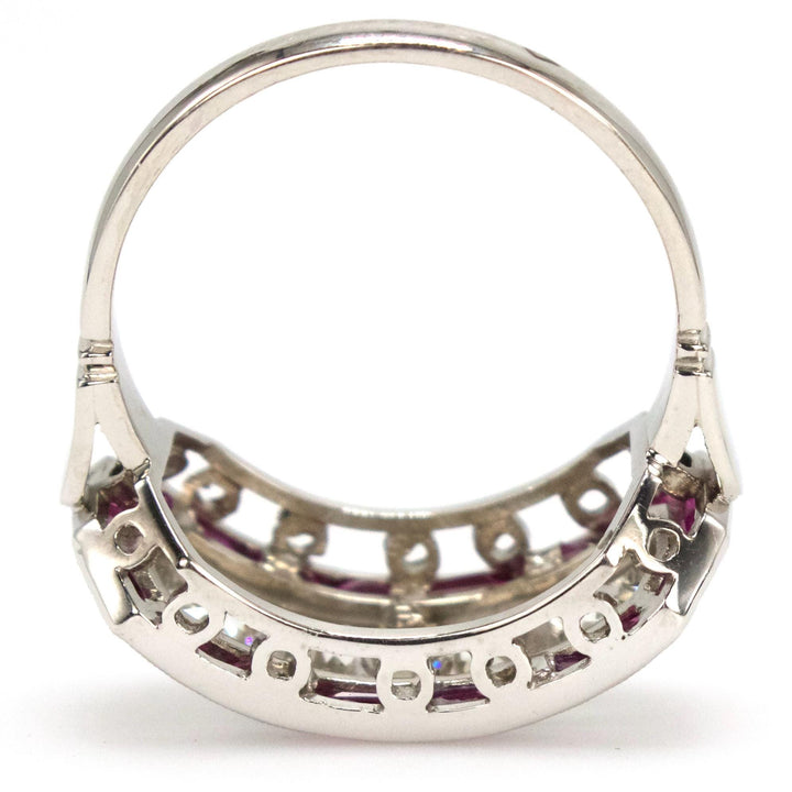 Art Deco Style Four Diamond Ring with Calibre Cut Ruby Surround in Platinum