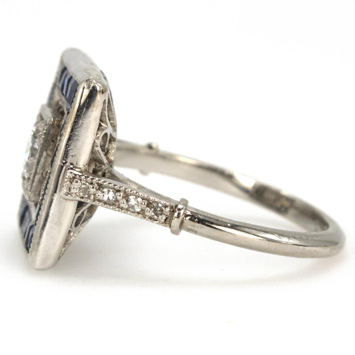 Platinum Art Deco 0.36 Carat Diamond Ring with Square Sapphire Halo