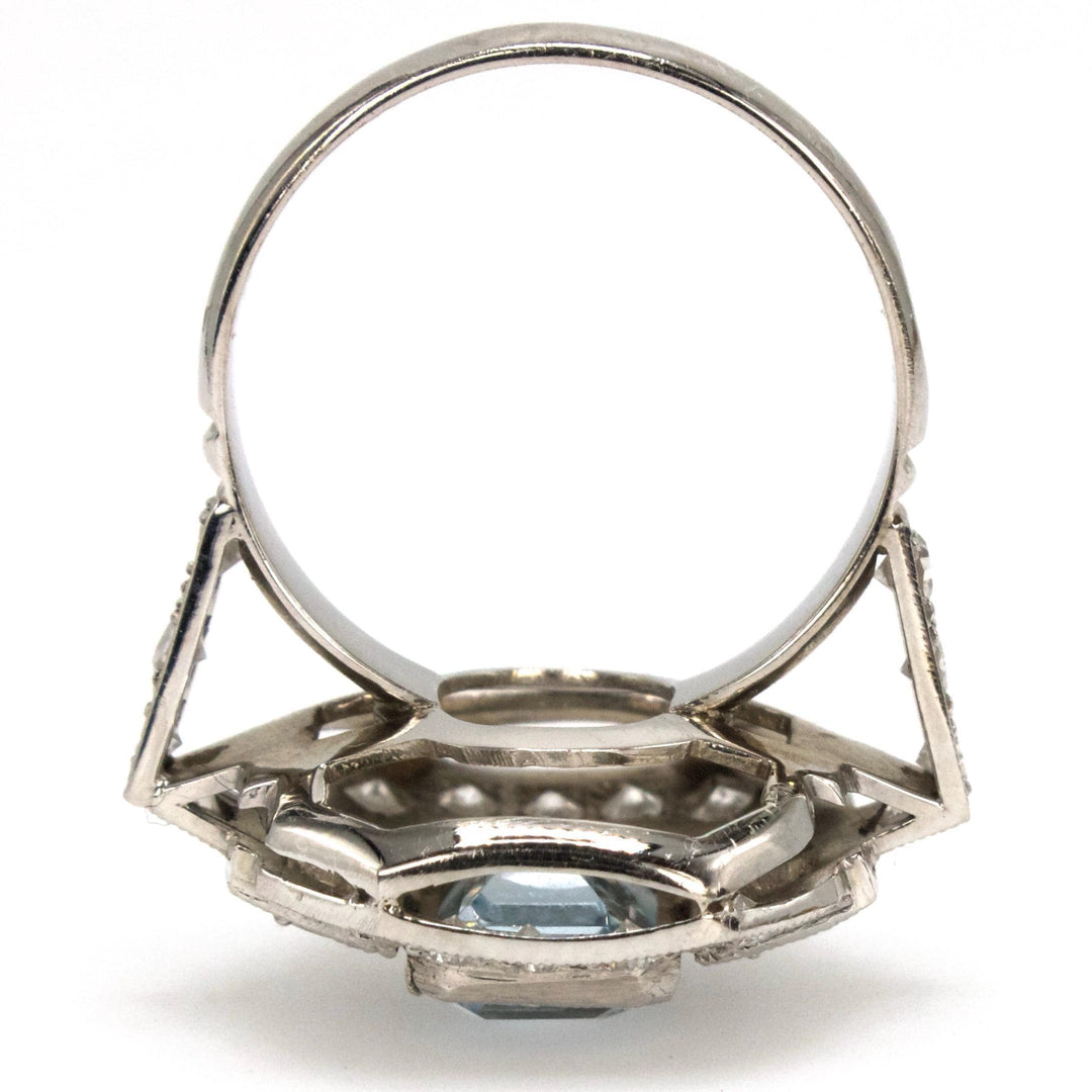 Art Deco Octagonal Platinum Ring with Emerald Cut Aquamarine and Diamonds