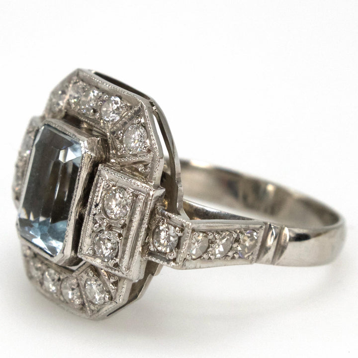 Art Deco Octagonal Platinum Ring with Emerald Cut Aquamarine and Diamonds