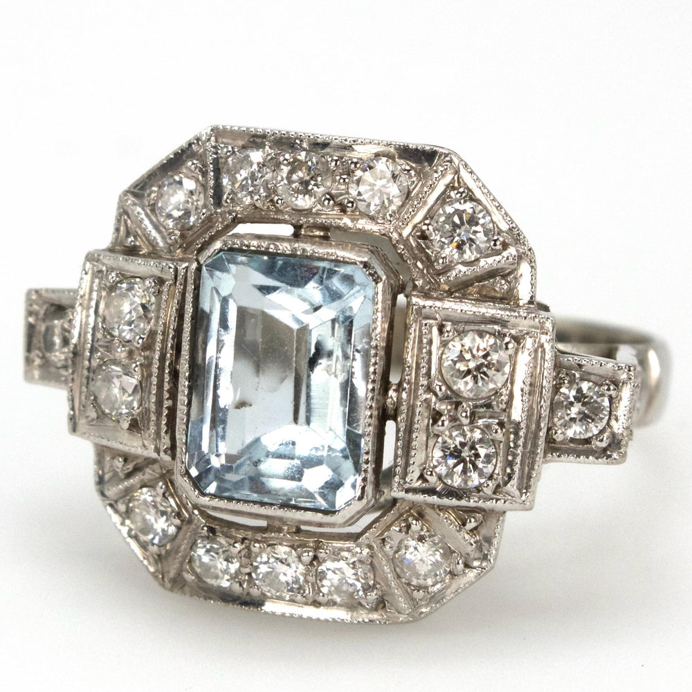 Art Deco Octagonal Platinum Ring with Emerald Cut Aquamarine and Diamonds