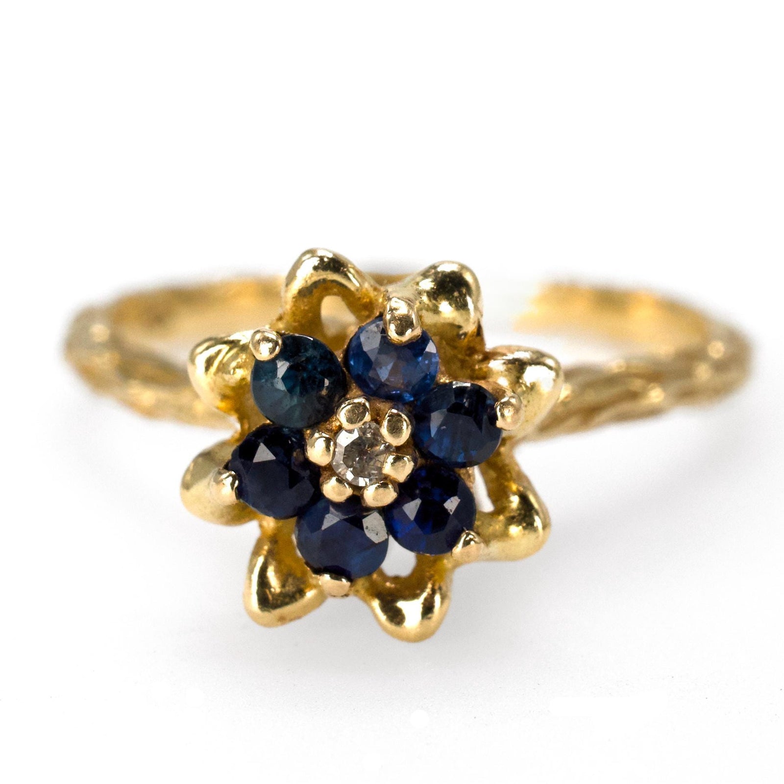 Textured Estate 14K Yellow Gold Sapphire Cluster Ring with Diamond