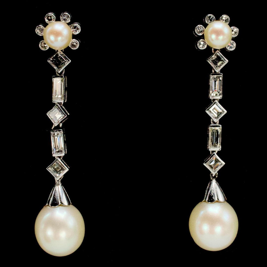 Vintage 18K White Gold Staggered Diamond and Pearl Drop Earrings