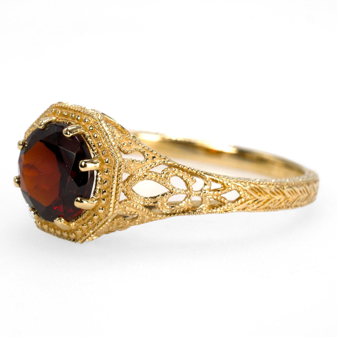 Edwardian Style 1.20 Carat Garnet in Filigree Yellow Gold Setting