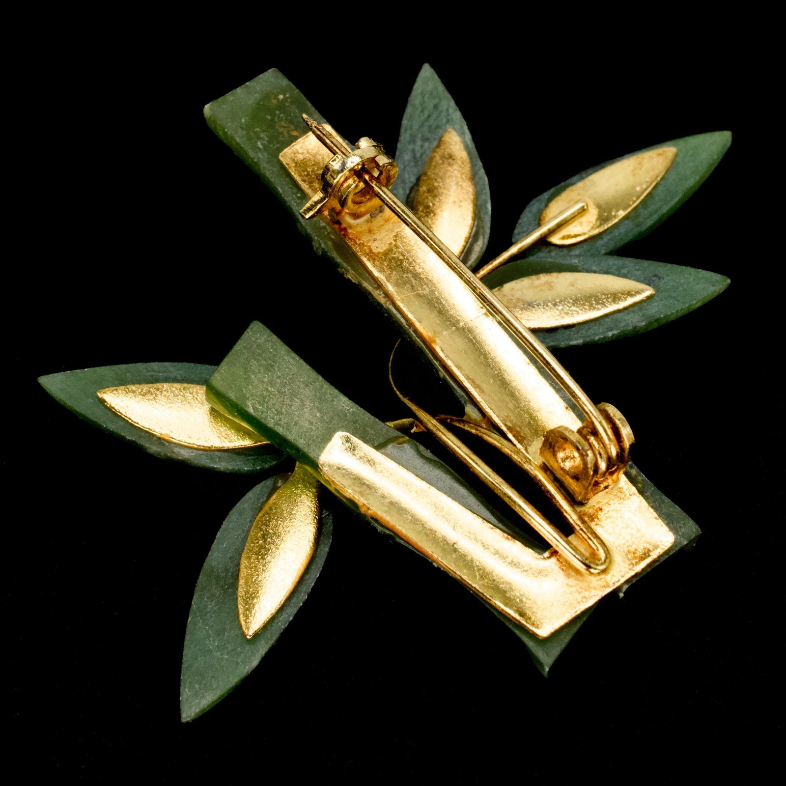 Midcentury Jadeite Jade Gold Plated Bamboo Brooch