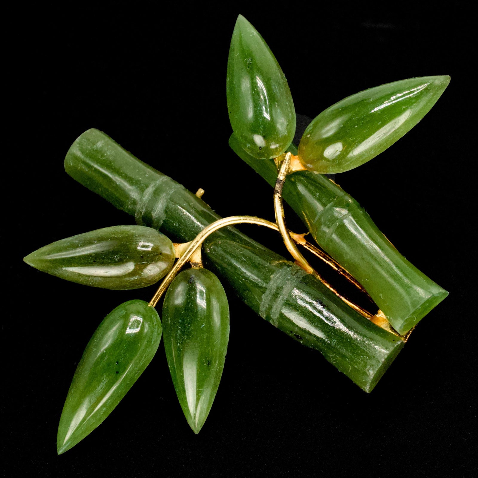 Midcentury Jadeite Jade Gold Plated Bamboo Brooch