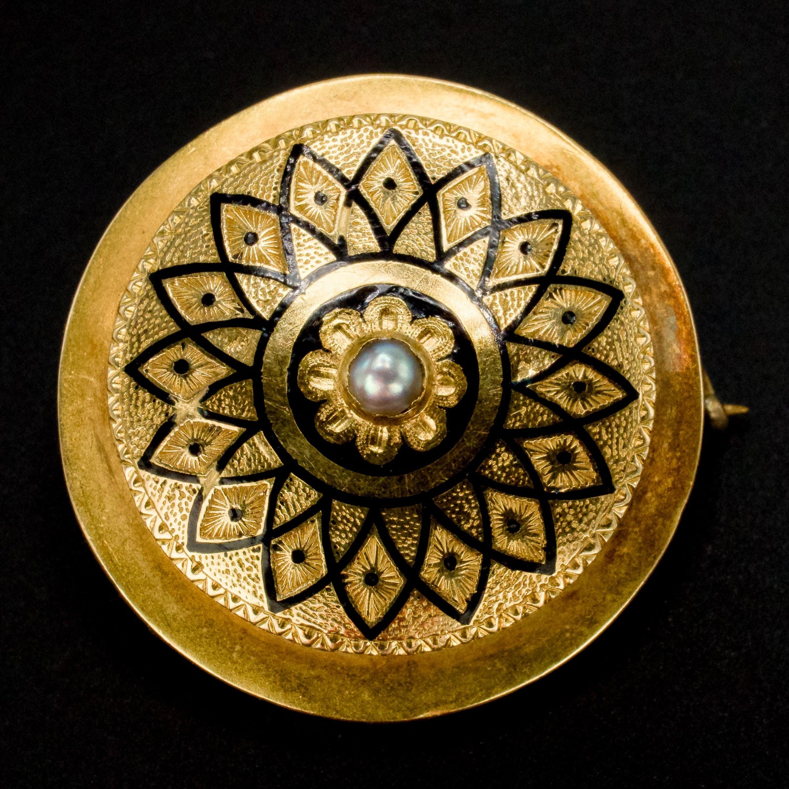 Victorian Gold Plated Silver and Black Enamel Lotus Locket Brooch