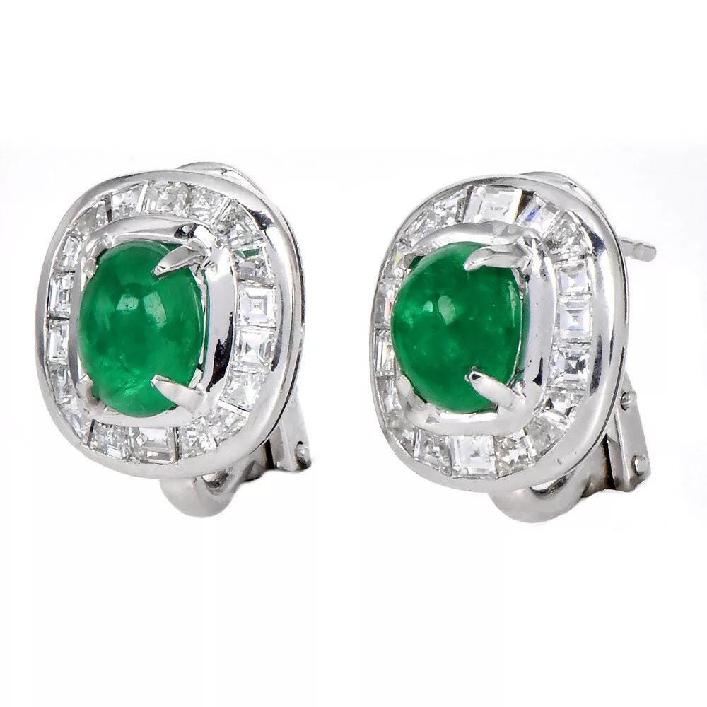 Oval Cabochon Emerald Earrings with Channel Set Diamond Halo and Omega Backs