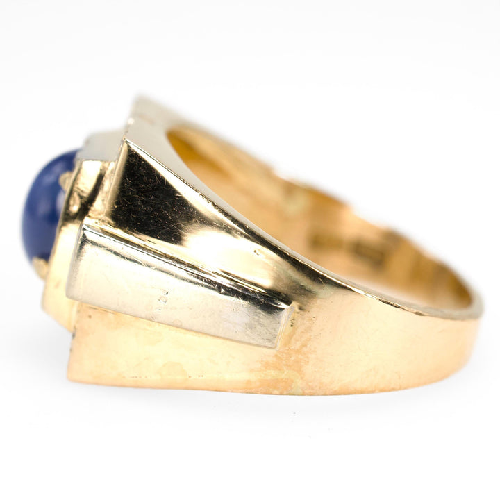 Midcentury Large Square 14K Gold Gents Ring with Oval Star Sapphire and Diamonds