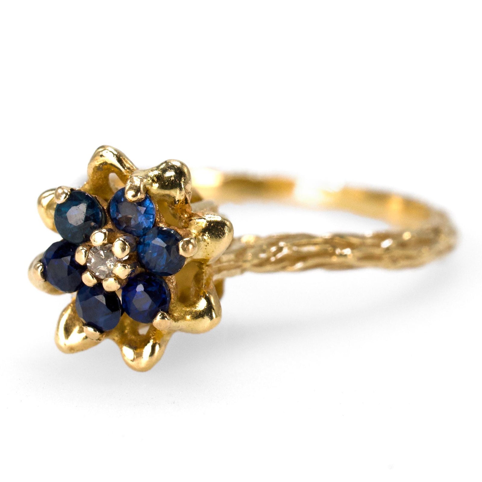 Textured Estate 14K Yellow Gold Sapphire Cluster Ring with Diamond