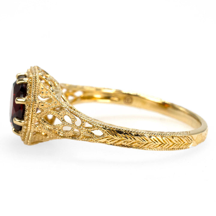 Edwardian Style 1.20 Carat Garnet in Filigree Yellow Gold Setting