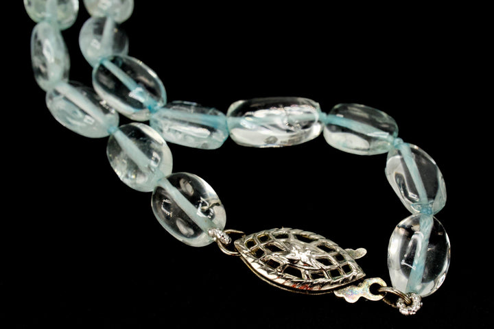 Estate Aquamarine Bead Necklace with White Gold Filigree Clasp