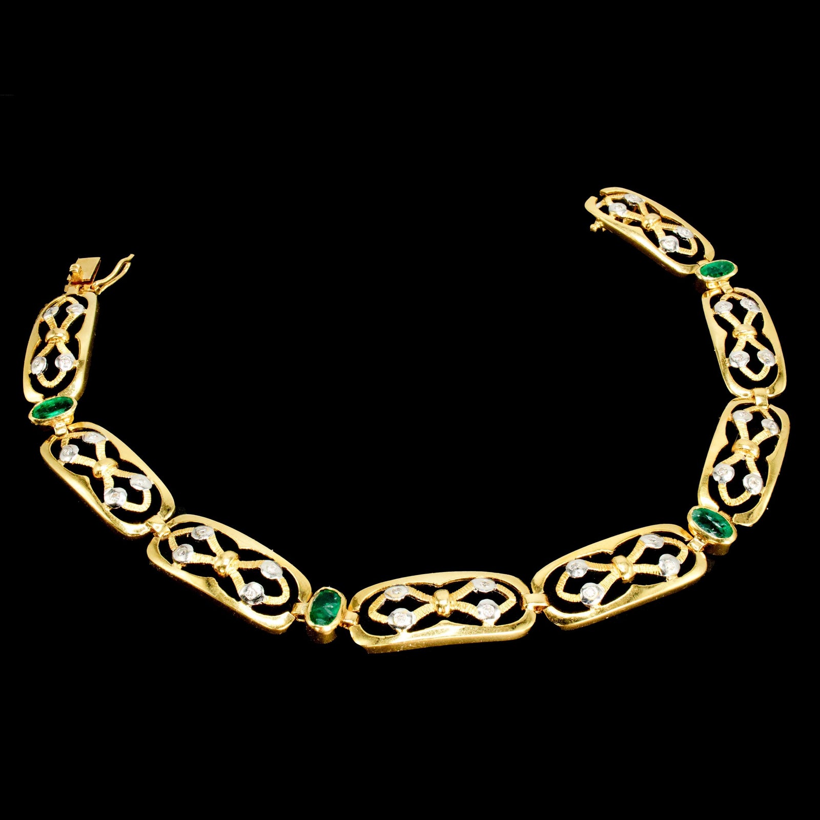 Estate 18K Yellow Gold Emerald and Diamond Link Bracelet
