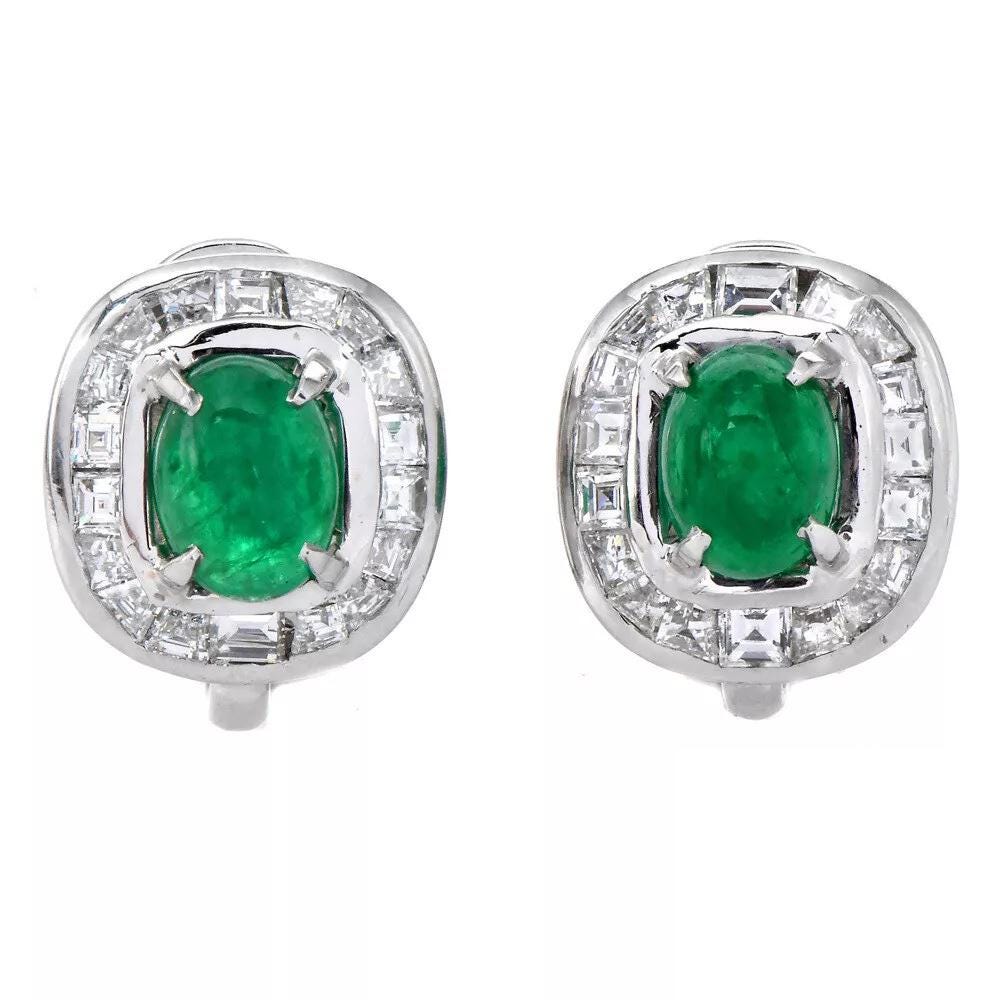 Oval Cabochon Emerald Earrings with Channel Set Diamond Halo and Omega Backs