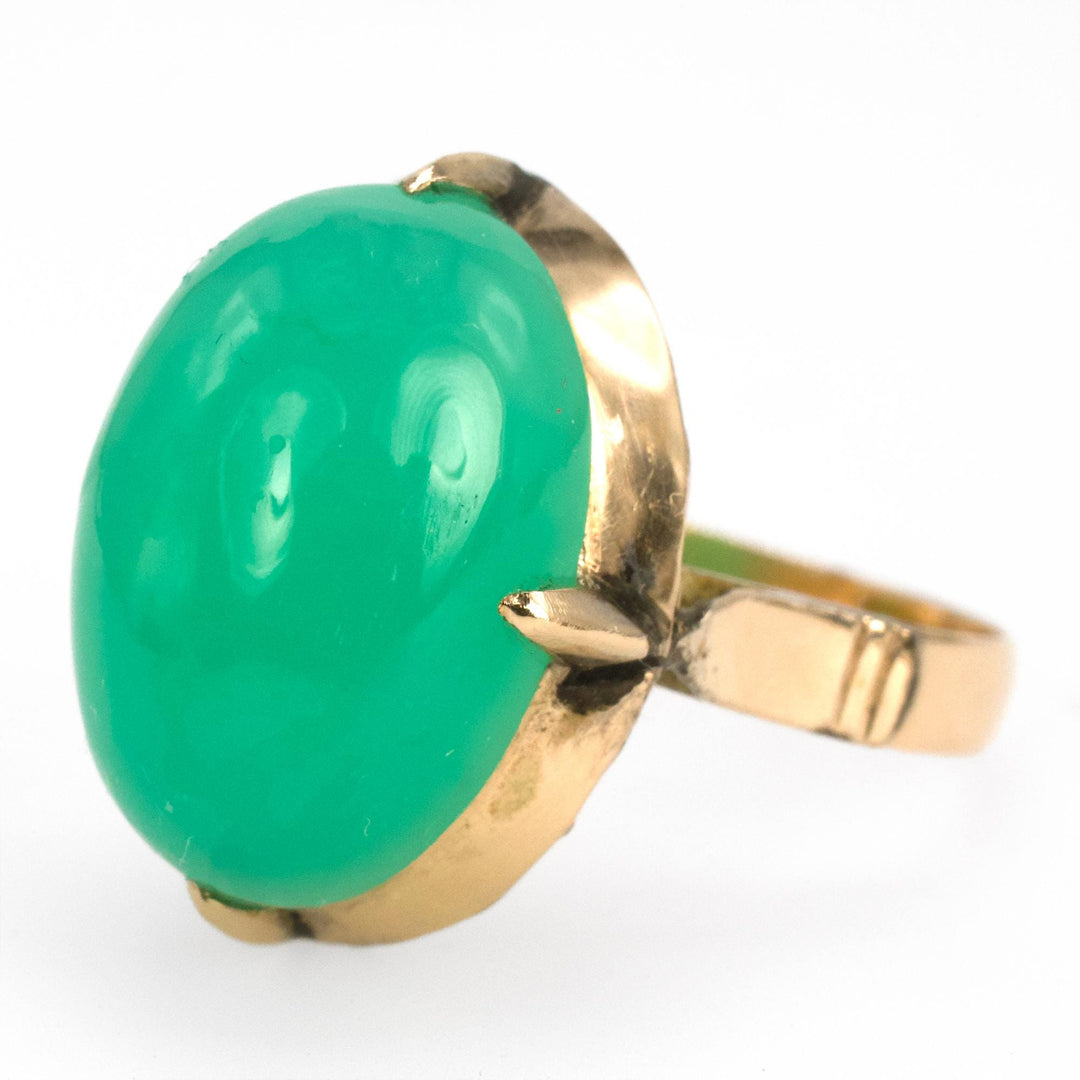 Large Oval Cabochon Chrysoprase in Victorian Style 18K Yellow Gold Ring Setting