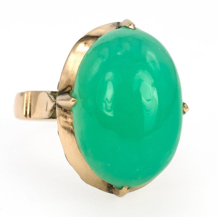 Large Oval Cabochon Chrysoprase in Victorian Style 18K Yellow Gold Ring Setting