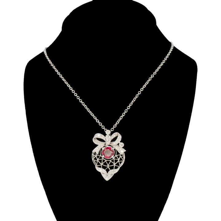 Antique Style White Gold, Ruby, and Diamond Heart Shaped Filigree Pendant Necklace