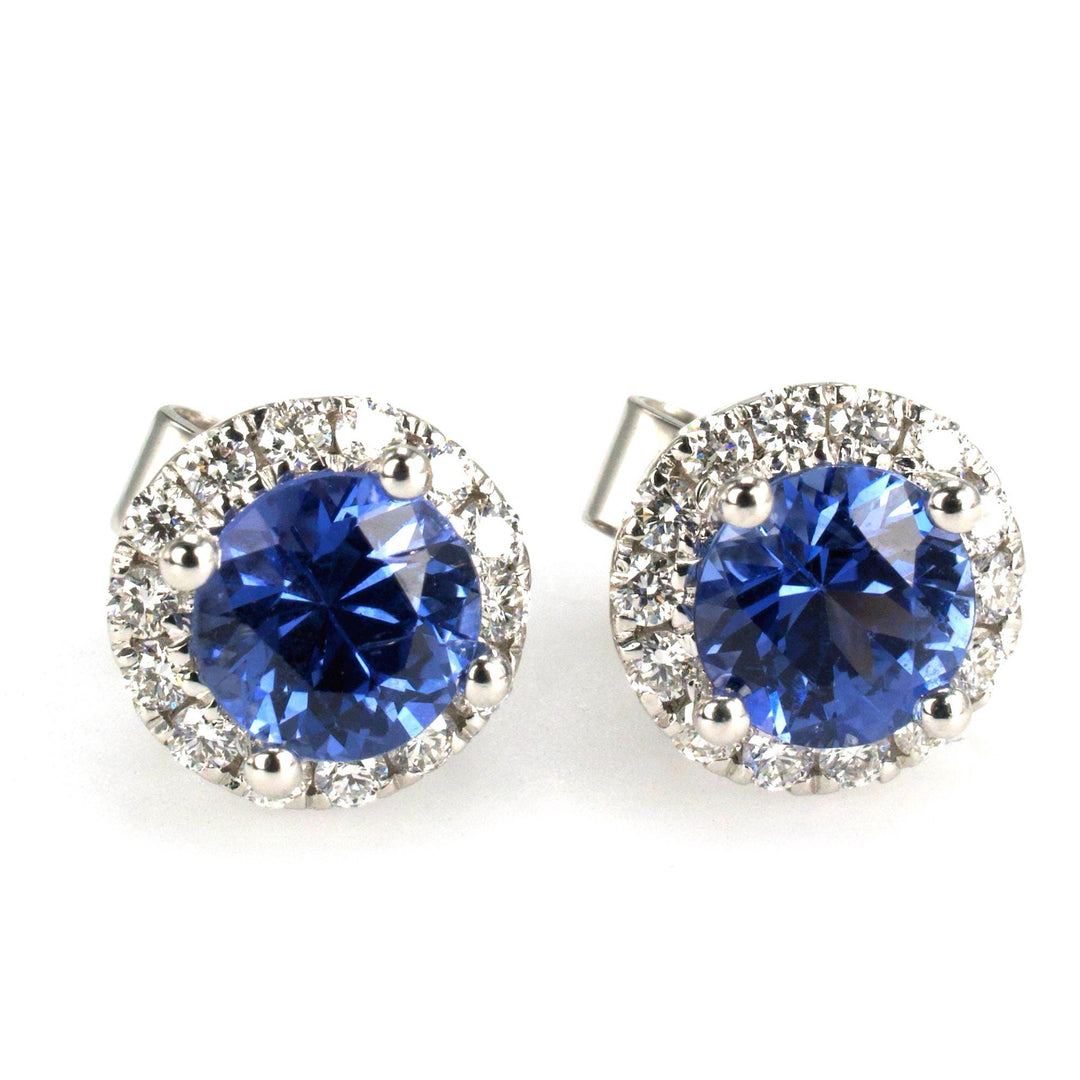 14K White Gold and Blue Sapphire and Diamond Halo Stud Earrings