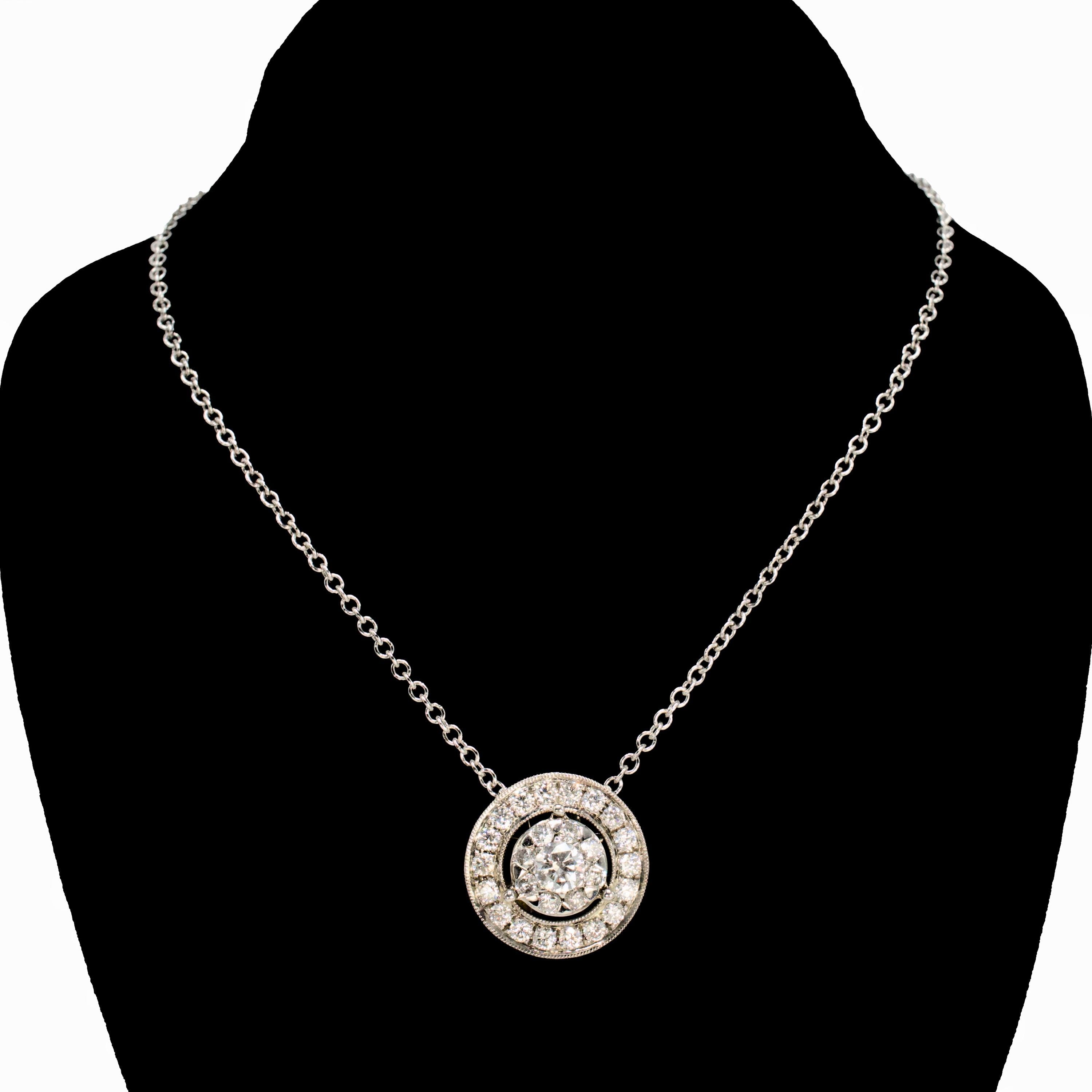 Estate Diamond Halo Disc Pendant Necklace on 18 White Gold Chain