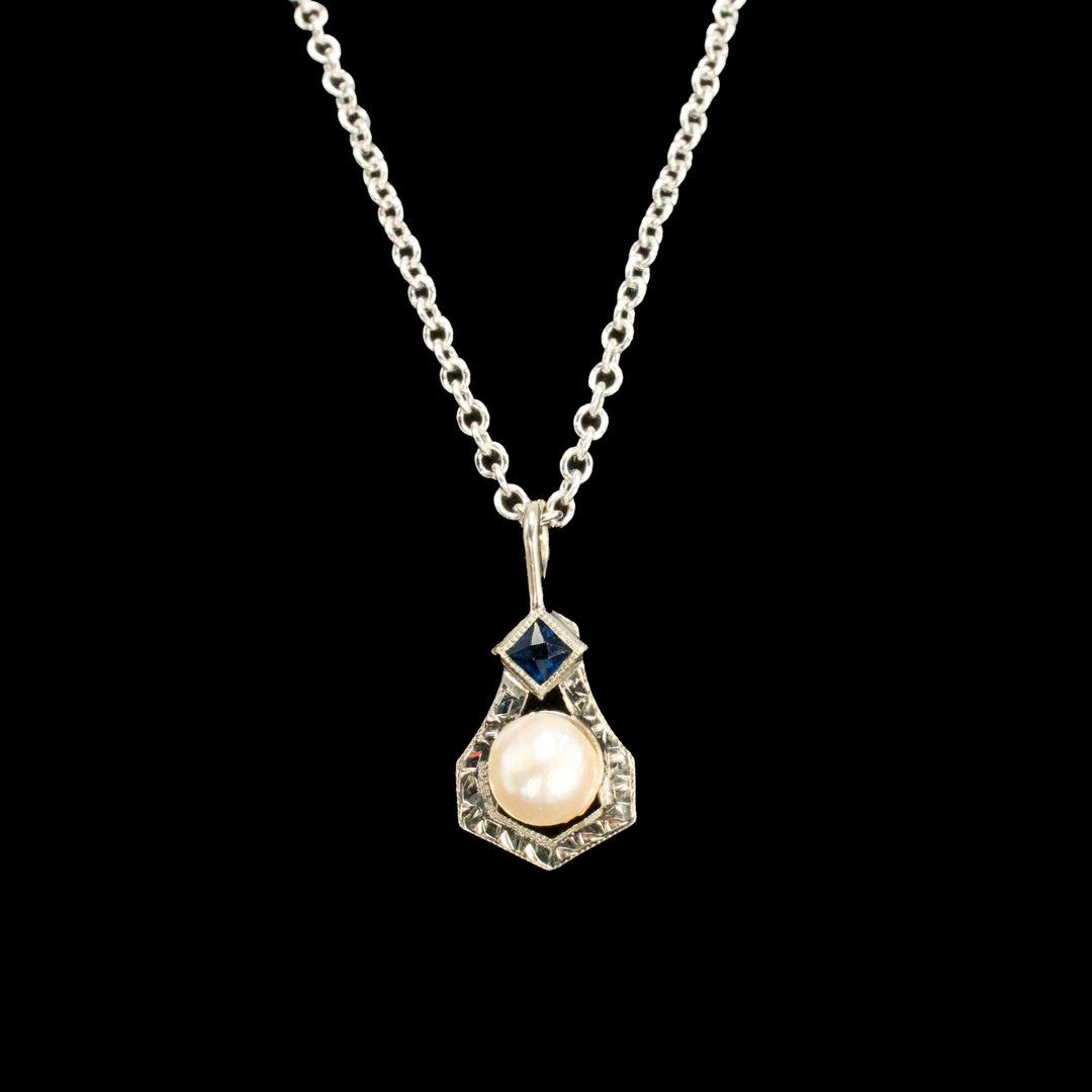 Art Deco Shield Shaped Pearl and Sapphire Pendant Necklace