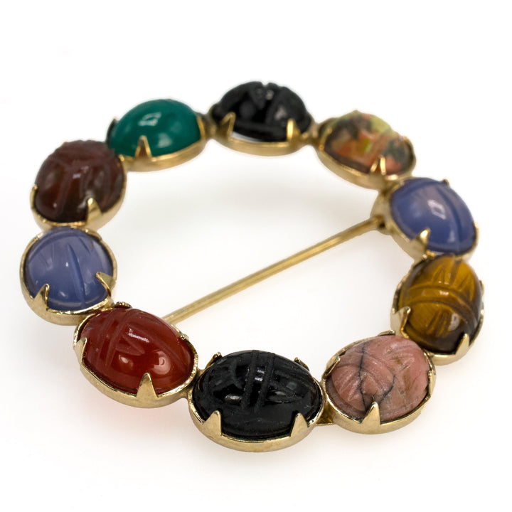 Vintage Circular Semi-Precious and Gold Filled Scarab Brooch