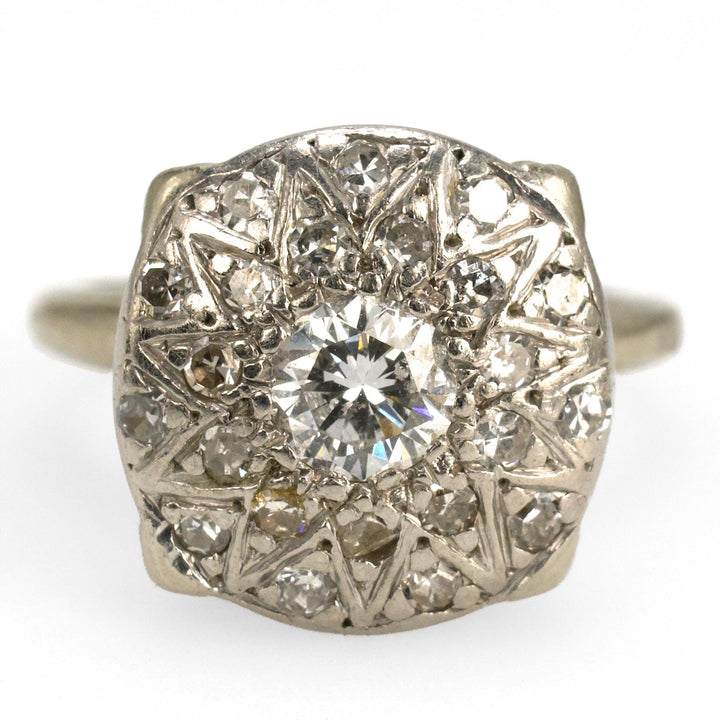 Nearly Half Carat 1940s White Gold Diamond Cluster Engagement Ring