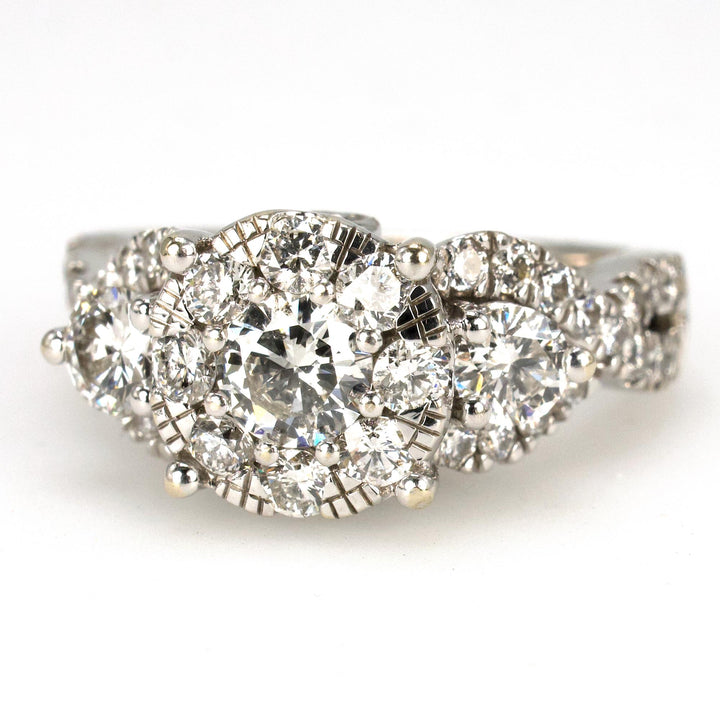 14K White Gold Diamond Cluster Halo Ring with Accent Diamonds and Twisted Band