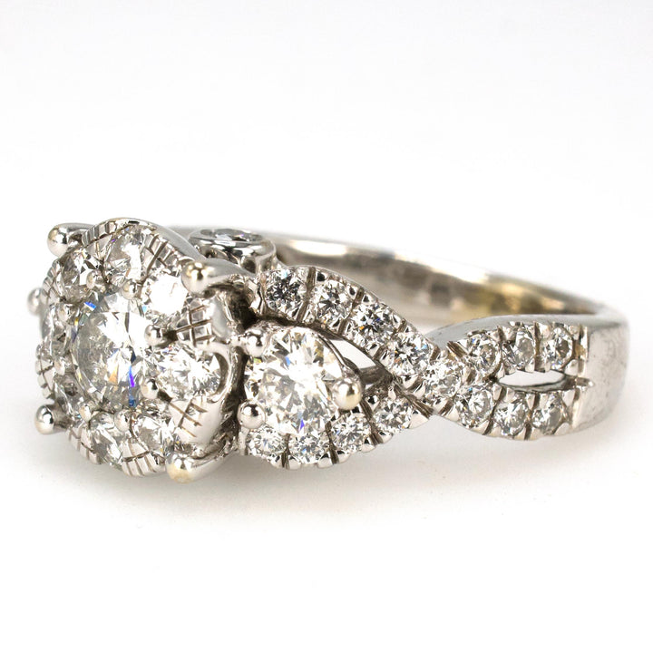 14K White Gold Diamond Cluster Halo Ring with Accent Diamonds and Twisted Band