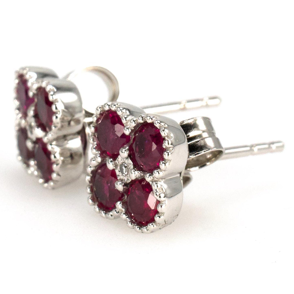 Square Cluster of Bezel Set Ruby Earrings in White Gold