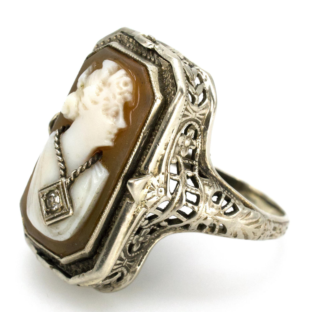 Estate White Gold Filigree Cameo and Onyx Flip Ring