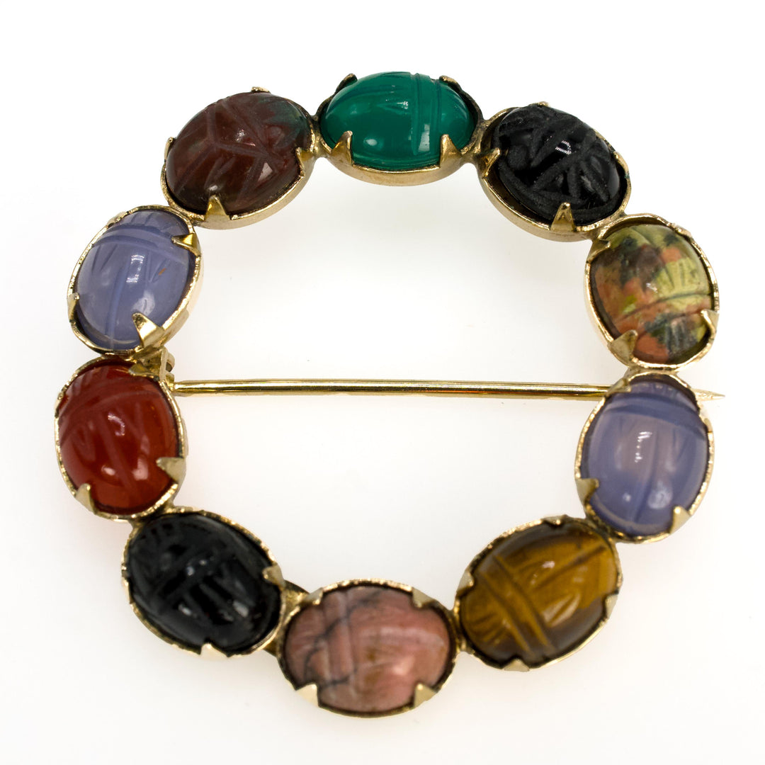 Vintage Circular Semi-Precious and Gold Filled Scarab Brooch