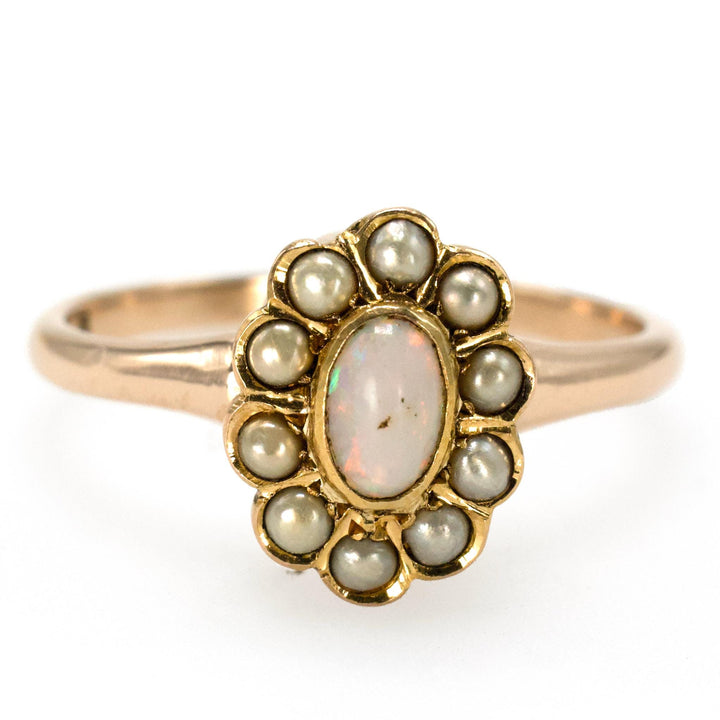 Victorian Opal and Seed Pearl Halo Ring in Gold