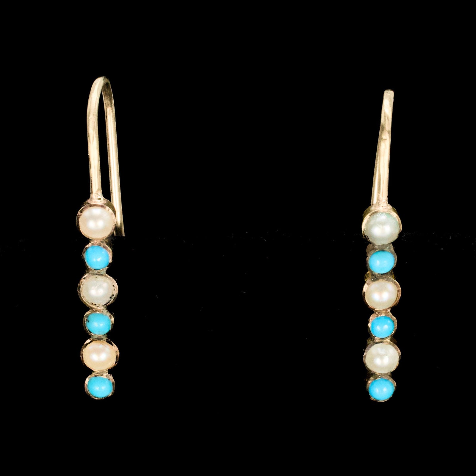 Gold Victorian Pearl and Turquoise Line Earrings
