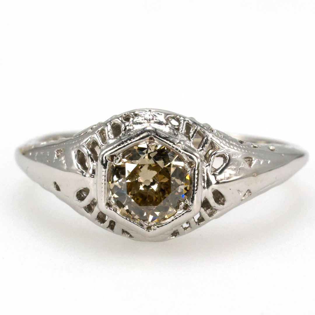 Art Deco 0.24 Carat Brown Old European Cut Diamond Solitaire with Filigree