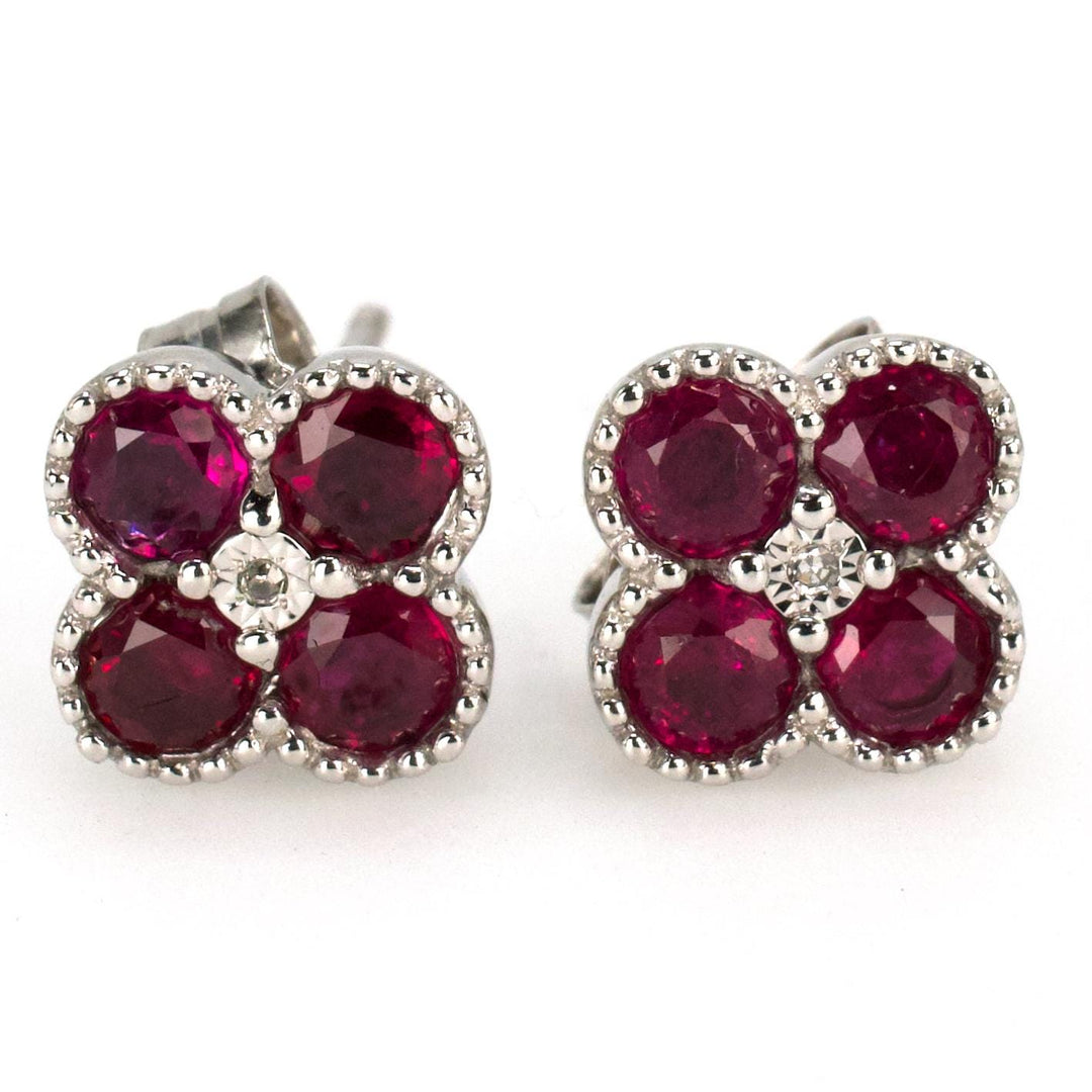 Square Cluster of Bezel Set Ruby Earrings in White Gold