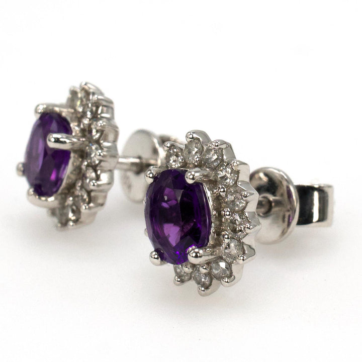 White Gold Oval Amethyst Stud Earrings with Diamond Halo