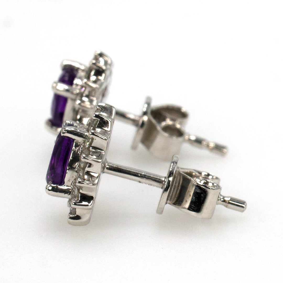 White Gold Oval Amethyst Stud Earrings with Diamond Halo