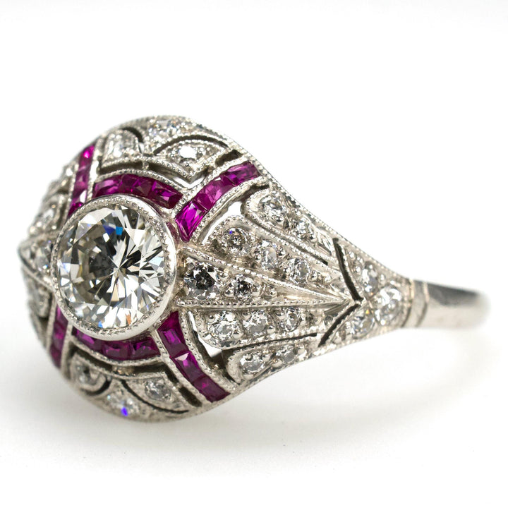 Platinum Art Deco Style Ruby and Diamond Ring with Filigree