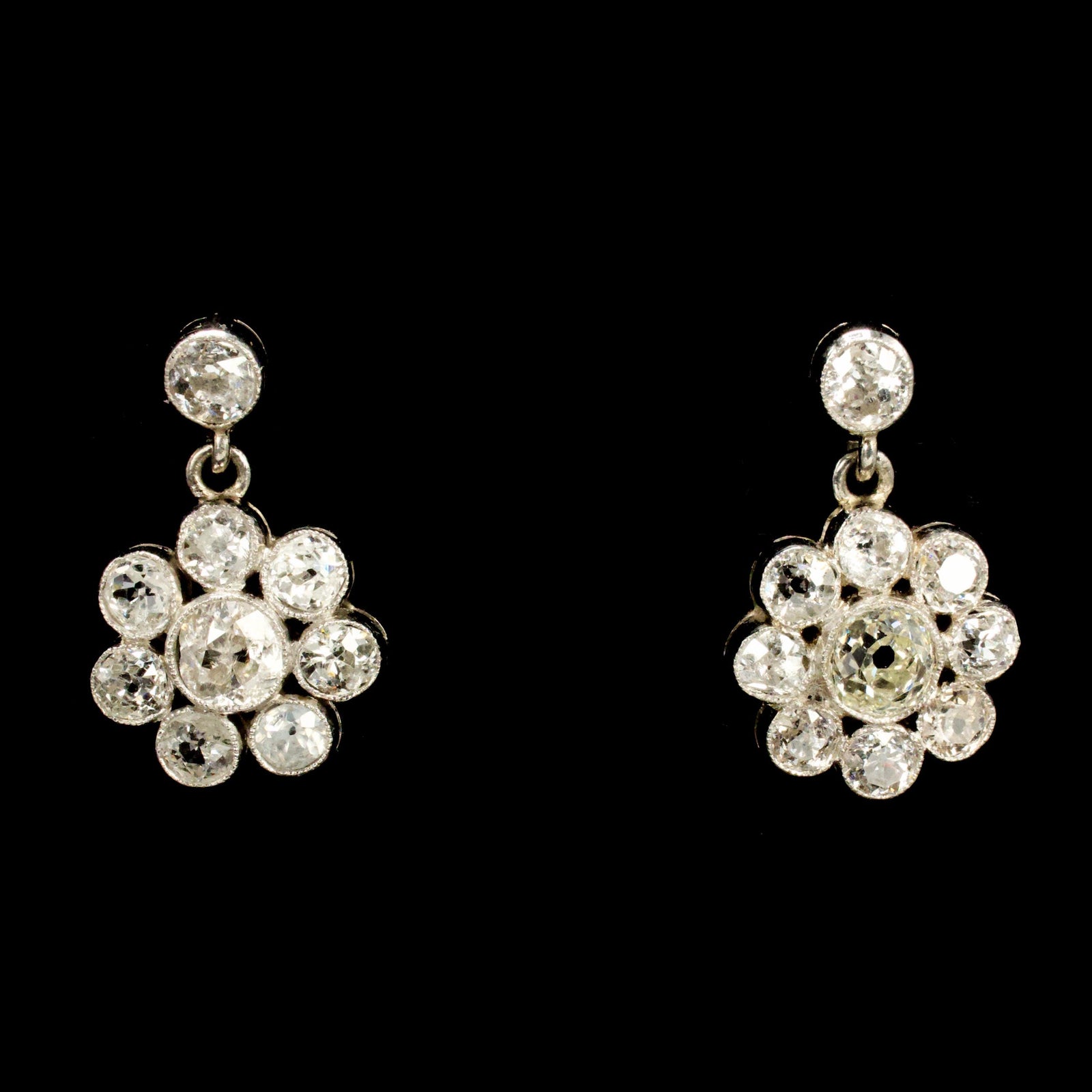 Edwardian Platinum Old Mine Cut Diamond Flower Drop Earrings
