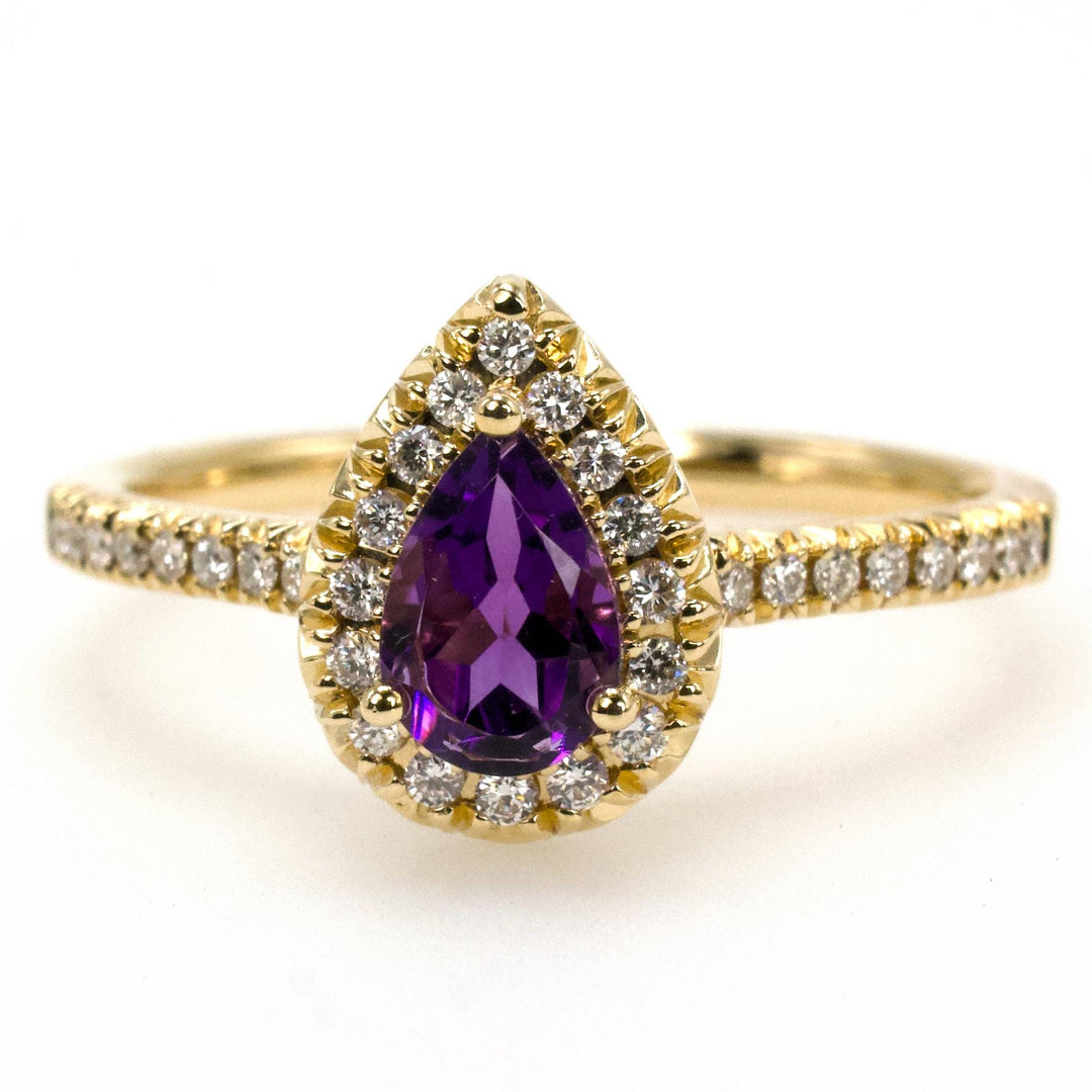 14K Yellow Gold Pear Cut Amethyst Engagement Ring with Diamond Halo